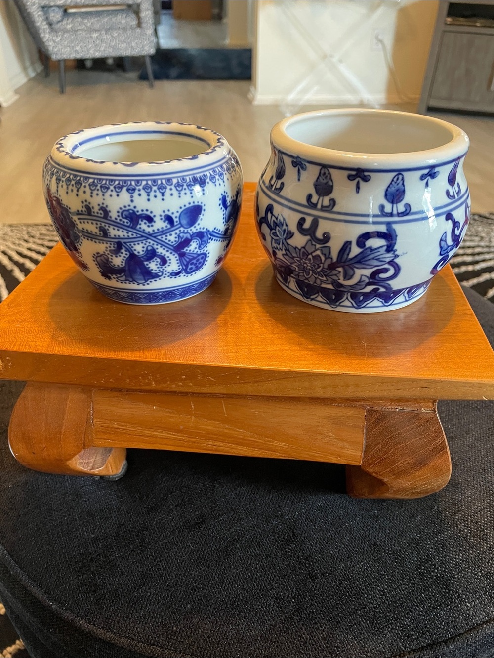 Vintage Blue and White Ceramic Planters Mixmatched Set of 2